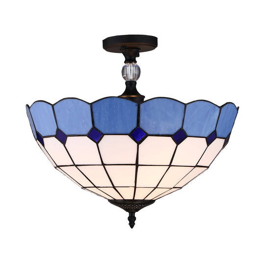 Blue Stained Glass Ceiling Light - 12’/16’ Wide Bowl Semi Flush Mount Mediterranean Style