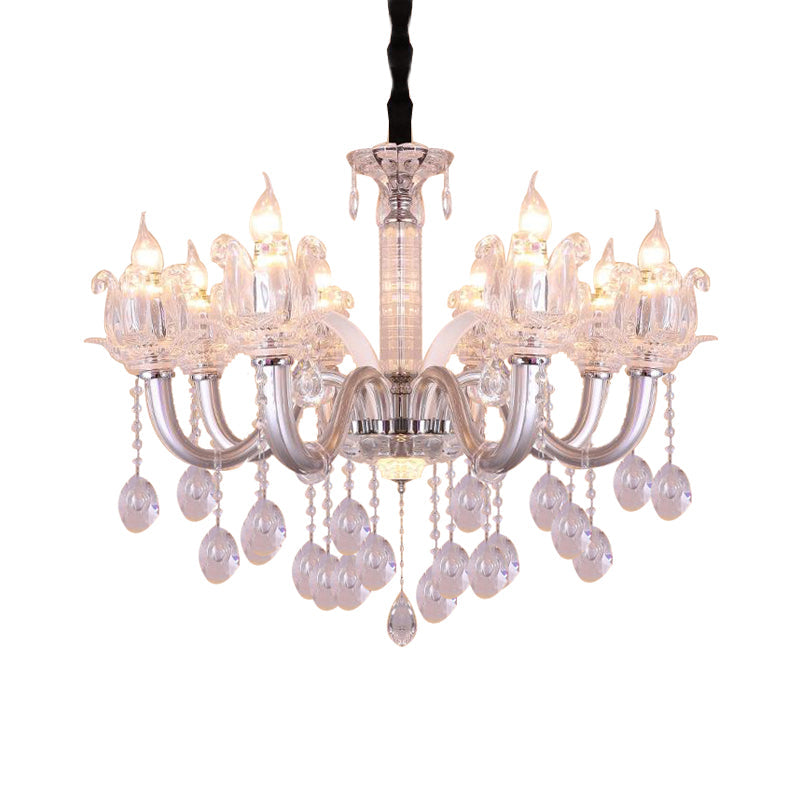 Contemporary Crystal Drop Candelabra Hanging Lamp - 6/8 Heads 23.5’/31.5’ Wide Silver Pendant