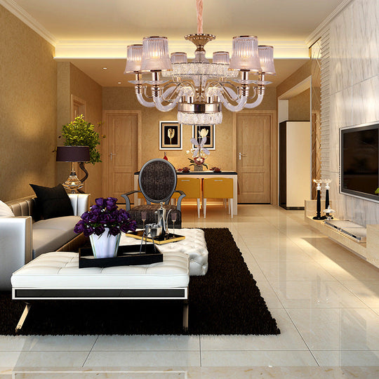 Minimalist 6-Head Gold Chandelier Lamp | Empire Shape Ridge Glass Hanging Light Fixture