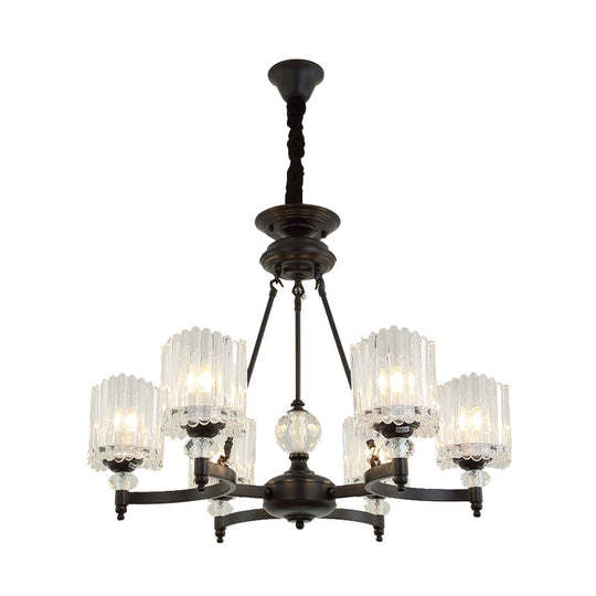 Contemporary Black Cylinder Suspension Lighting With Crystal Rods - 6/8/10 Heads Hanging Lamp Kit