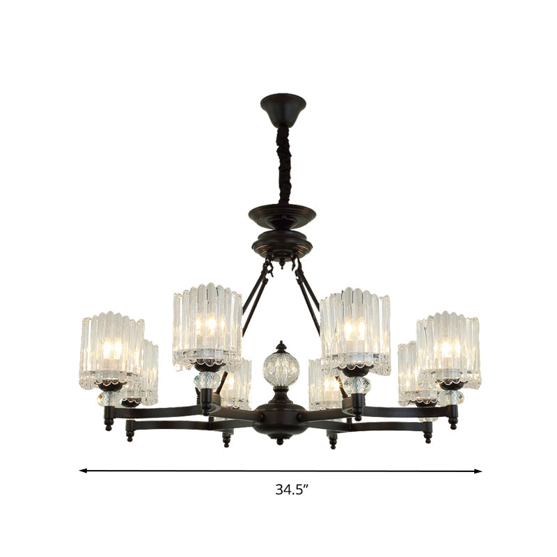 Contemporary Black Cylinder Suspension Lighting With Crystal Rods - 6/8/10 Heads Hanging Lamp Kit