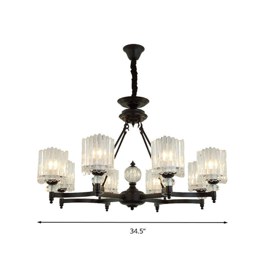 Contemporary Black Cylinder Suspension Lighting With Crystal Rods - 6/8/10 Heads Hanging Lamp Kit
