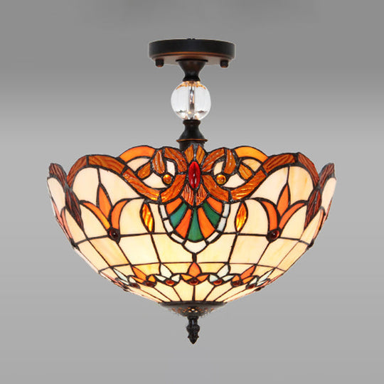Victorian Bowl Stained Glass Semi Flush Mount Light In Beige - 12’/16’ Diameter