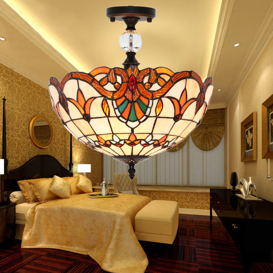 Victorian Bowl Stained Glass Semi Flush Mount Light In Beige - 12’/16’ Diameter / 12’