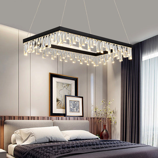 Modern Crystal Block Led Black Chandelier Lighting - Rectangle Hanging Light In 16’/23.5’ Width