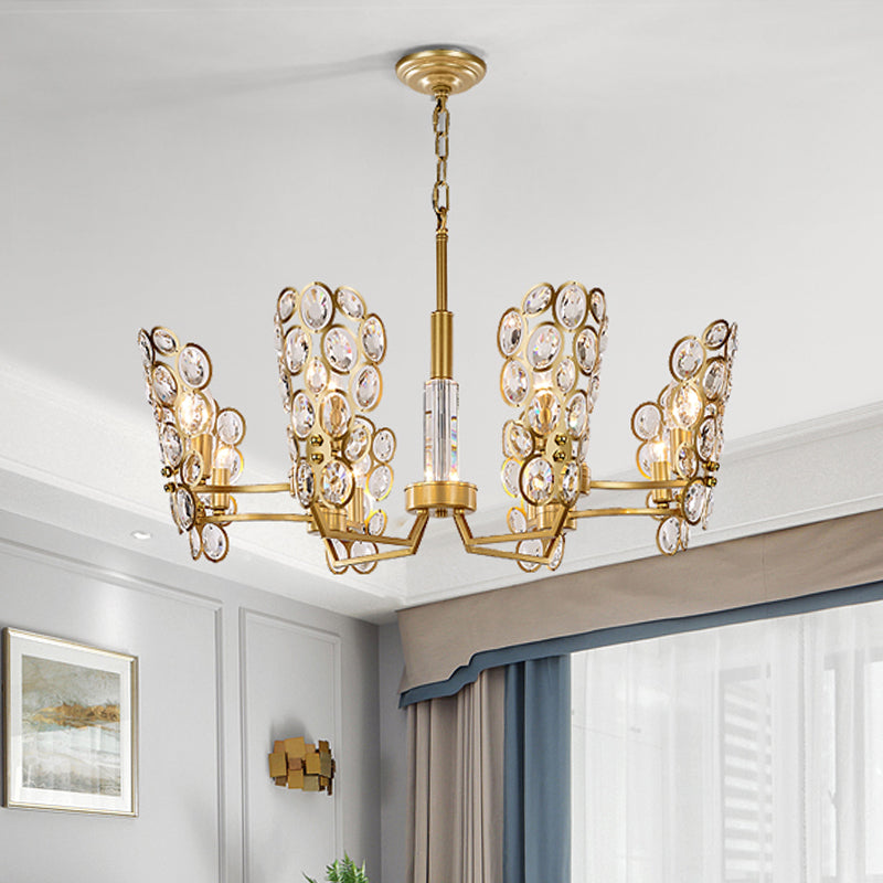 Postmodern Brass Candelabra Pendant Chandelier With Crystal Encrusted Ceiling Suspension – 6 Heads