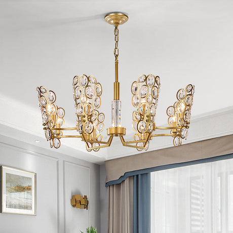Crystal-Encrusted Postmodern Brass Candelabra Chandelier With 6 Suspended Pendant Heads