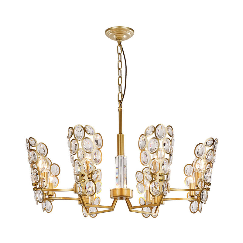 Postmodern Brass Candelabra Pendant Chandelier With Crystal Encrusted Ceiling Suspension – 6 Heads