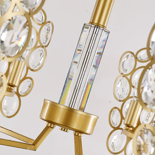 Postmodern Brass Candelabra Pendant Chandelier With Crystal Encrusted Ceiling Suspension – 6 Heads