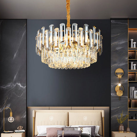 Postmodern Brass Chandelier - Beveled Crystal Drum Pendant Light Kit (10 Heads)