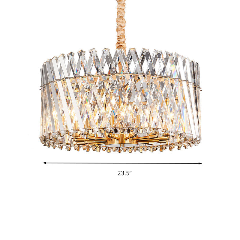 Contemporary Tri-Sided Crystal Rod Drum Ceiling Light Chandelier - 10 Heads Fixture