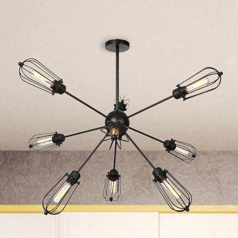 Warehouse Style Metal Bulb Cage Chandelier - Black Hanging Lamp With 9/12/15 Heads For Living Room