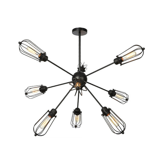 Warehouse Style Metal Bulb Cage Chandelier - Black Hanging Lamp With 9/12/15 Heads For Living Room