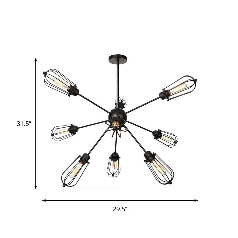 Warehouse Style Metal Bulb Cage Chandelier - Black Hanging Lamp With 9/12/15 Heads For Living Room