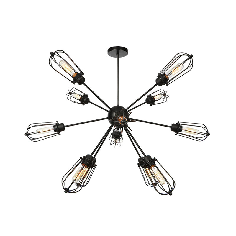 Warehouse Style Metal Bulb Cage Chandelier - Black Hanging Lamp With 9/12/15 Heads For Living Room