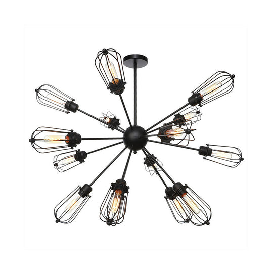 Warehouse Style Metal Bulb Cage Chandelier - Black Hanging Lamp With 9/12/15 Heads For Living Room