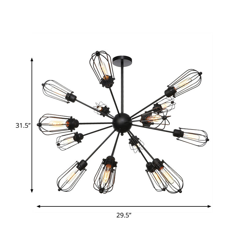 Warehouse Style Metal Bulb Cage Chandelier - Black Hanging Lamp With 9/12/15 Heads For Living Room
