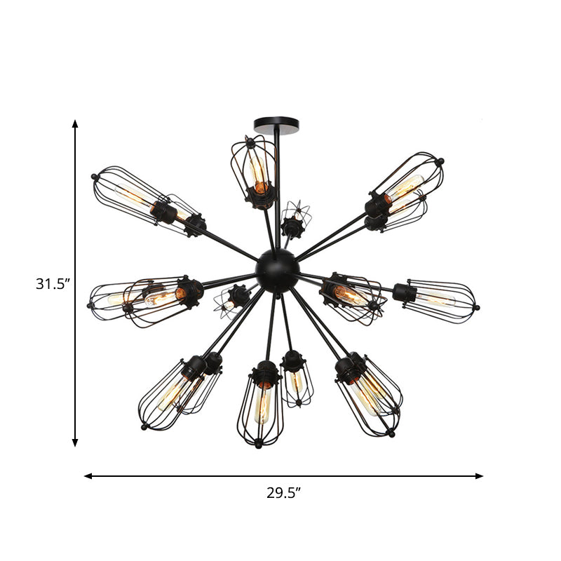 Warehouse Style Metal Bulb Cage Chandelier - Black Hanging Lamp With 9/12/15 Heads For Living Room