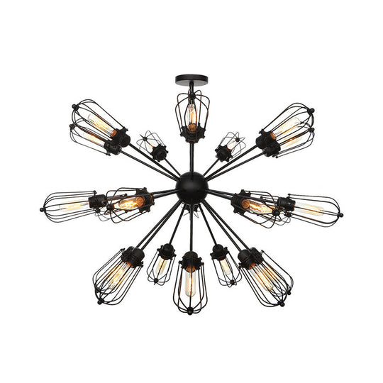 Warehouse Style Metal Bulb Cage Chandelier - Black Hanging Lamp With 9/12/15 Heads For Living Room