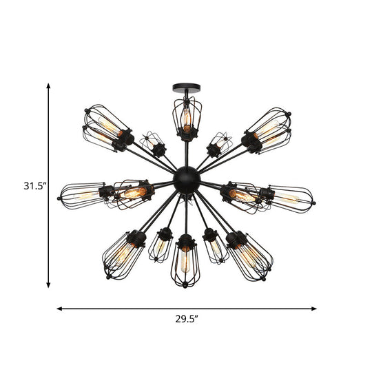 Warehouse Style Metal Bulb Cage Chandelier - Black Hanging Lamp With 9/12/15 Heads For Living Room