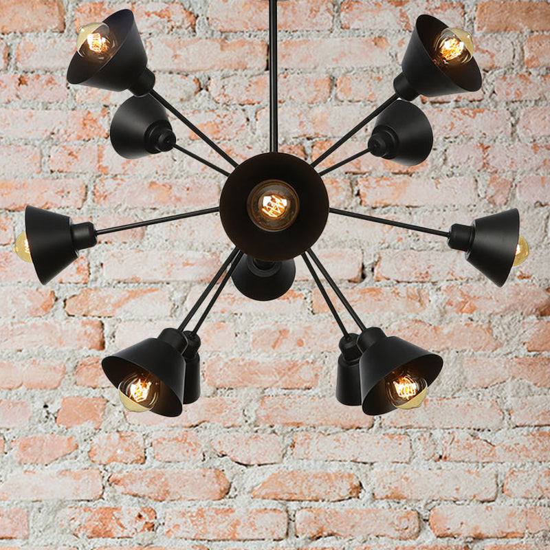 Industrial Stylish Metal Hanging Lamp With Sputnik Design - Cone Shade 9/12/15 Lights Black