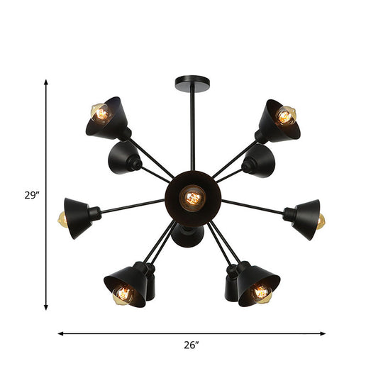Industrial Stylish Metal Hanging Lamp With Sputnik Design - Cone Shade 9/12/15 Lights Black