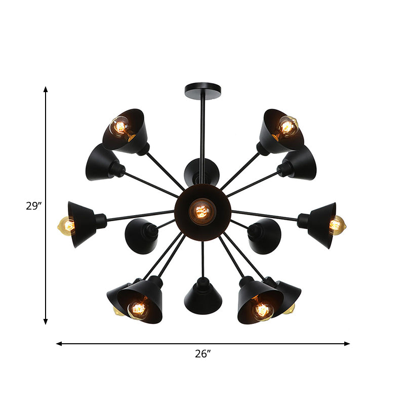 Industrial Stylish Metal Hanging Lamp With Sputnik Design - Cone Shade 9/12/15 Lights Black
