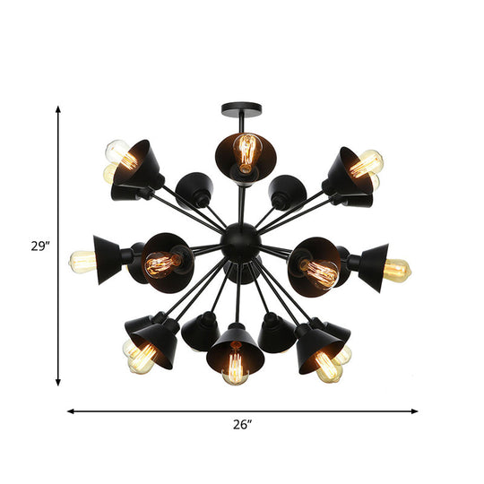 Industrial Stylish Metal Hanging Lamp With Sputnik Design - Cone Shade 9/12/15 Lights Black