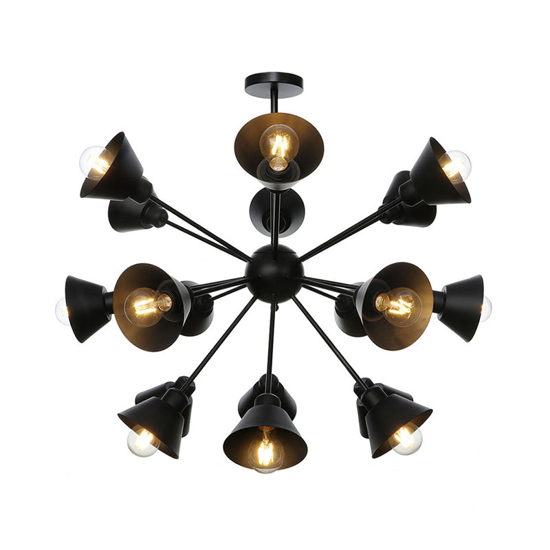 Industrial Stylish Metal Hanging Lamp With Sputnik Design - Cone Shade 9/12/15 Lights Black