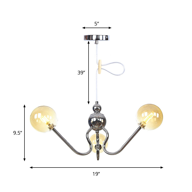 Industrial 3-Head Hanging Chandelier With Amber/Clear Glass Shades - Black/Chrome Finish Orbit
