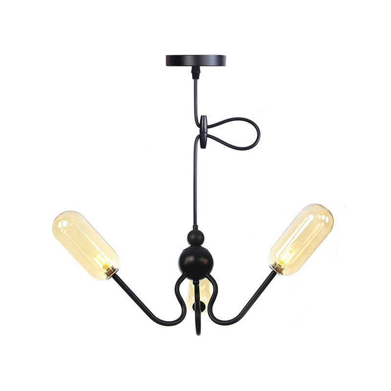 Vintage Oval Chandelier - Amber/Clear Glass 3 Heads Adjustable Cord Living Room Ceiling Lamp