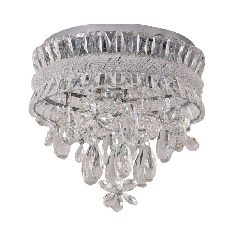 Contemporary Crystal Teardrop Flush Light - 6 Bulbs Nickel Ceiling Mount Fixture