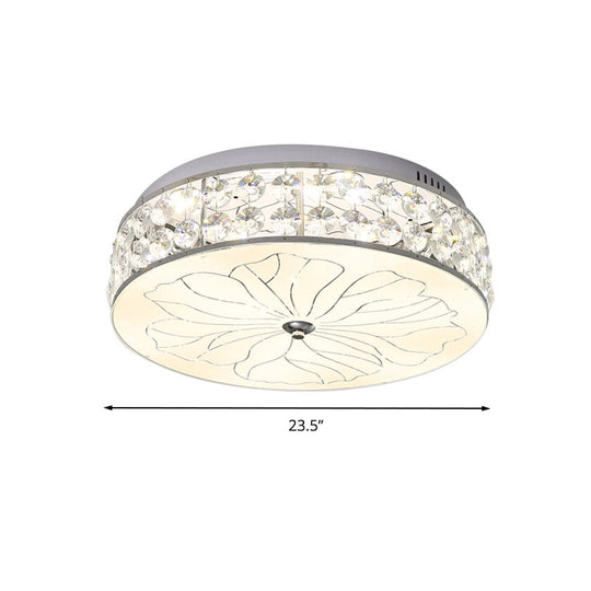 Nickel Led Round Flushmount Crystal Ceiling Light Fixture With Opal Glass Diffuser - Modern And