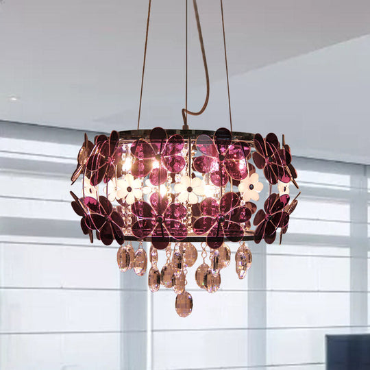 Modernist Floral Acrylic Flushmount Ceiling Light With Crystal Drop - 5 Heads White/Purple Purple