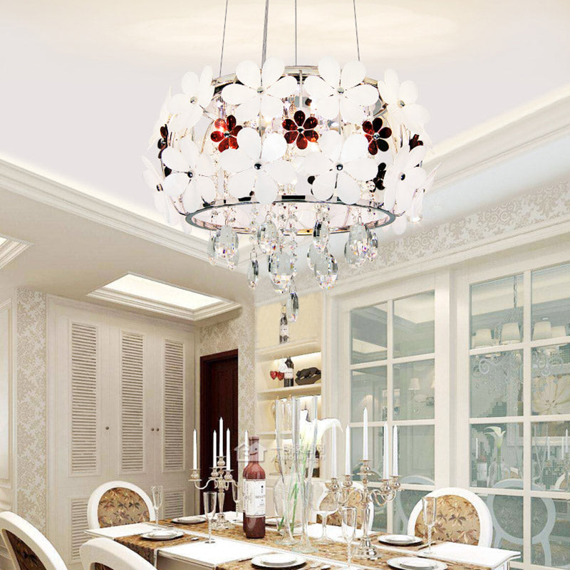 Modernist Floral Acrylic Flushmount Ceiling Light With Crystal Drop - 5 Heads White/Purple