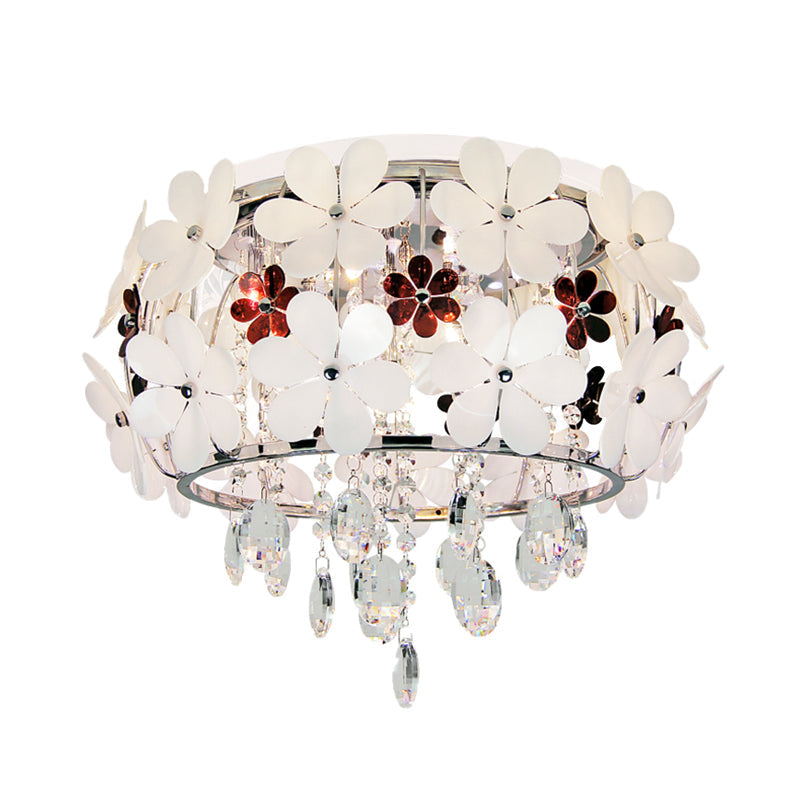 Modernist Floral Acrylic Flushmount Ceiling Light With Crystal Drop - 5 Heads White/Purple