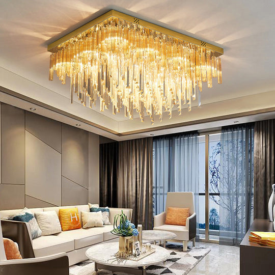 Modern 9 - Light Clear Crystal Flush Mount Ceiling Light With Tiered Design And Rectangle Canopy