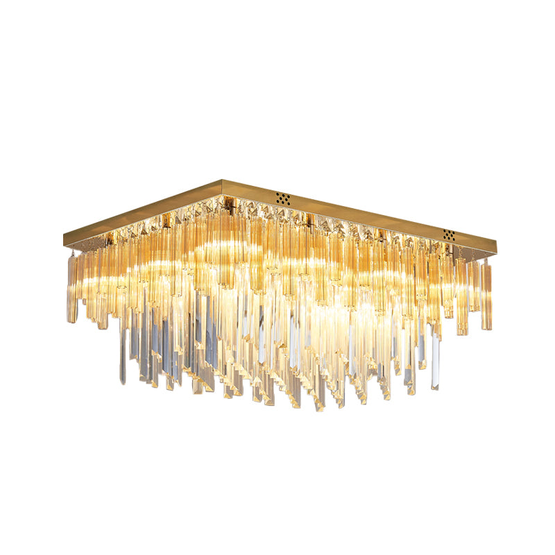 Modern 9 - Light Clear Crystal Flush Mount Ceiling Light With Tiered Design And Rectangle Canopy