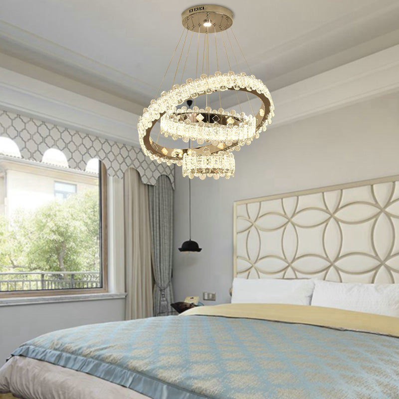 Modern Led Crystal Hanging Chandelier - Nickel Circular Suspension Lighting