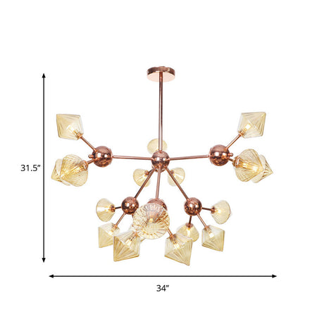 Diamond Farmhouse Chandelier Lamp - Amber/Clear Glass 3/9/12 Lights Hangs 13/27.5/34 Wide