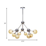 Industrial Style Hanging Chandelier Light With Amber/Clear/Smoke Gray Glass In 3/9/12 Lights -