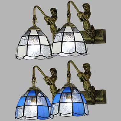 Tiffany Dome Vanity Sconce Light - 2 Head White/Blue Glass Wall Mount For Bathroom