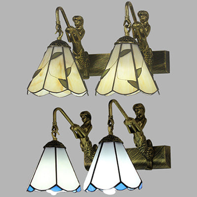Conical Vanity Sconce Lighting With 2-Headed White/Beige Glass Tiffany Wall Mounted Light And