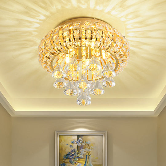 Gold Modern Round Ceiling Light With 5 Hand-Cut Crystal Heads - Flush Mount Lamp For Foyer