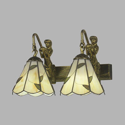Conical Vanity Sconce Lighting With 2-Headed White/Beige Glass Tiffany Wall Mounted Light And