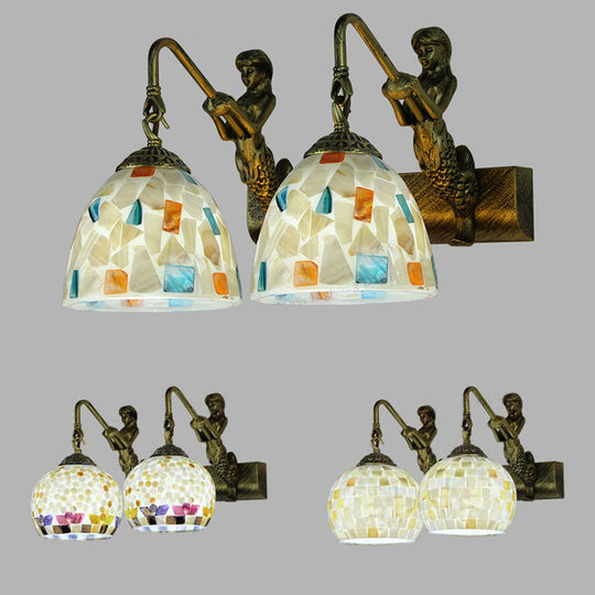 Mediterranean Mosaic Shell Sconce Light Fixture With 2 Lights - Beige/White-Yellow/Yellow-Blue Wall