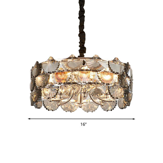 Modern Gray Crystal Block Drum Ceiling Chandelier - 6 Bulb Gold Pendant Lamp