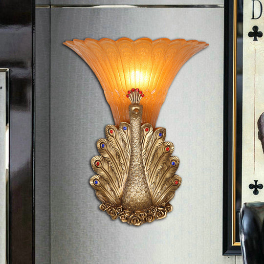 Rustic Style Peacock Wall Mount Lamp - 1 Light Red/Gold Resin With Orange Glass Scalloped Shade