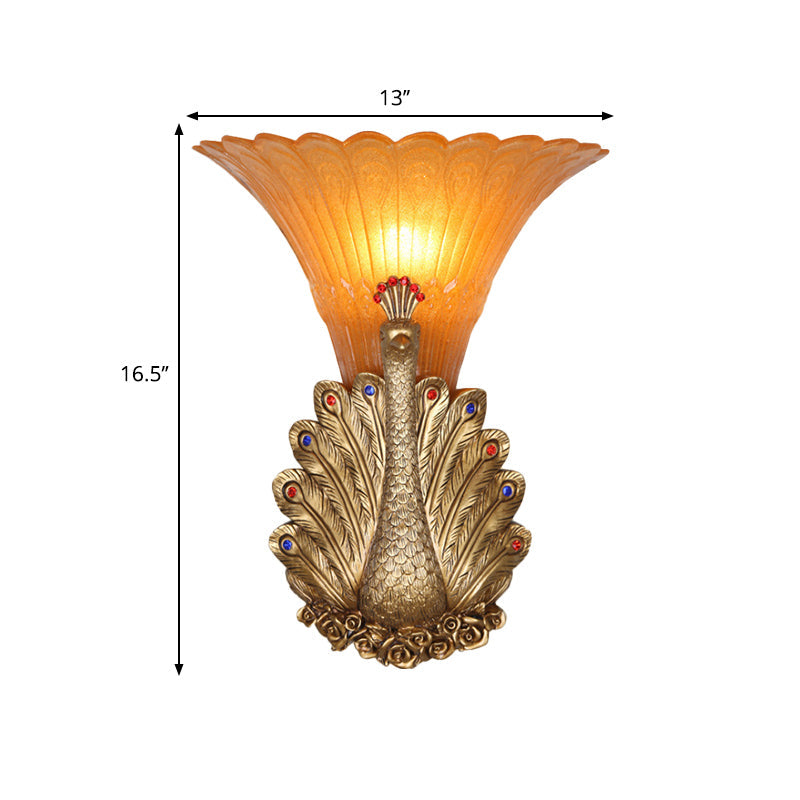 Rustic Style Peacock Wall Mount Lamp - 1 Light Red/Gold Resin With Orange Glass Scalloped Shade