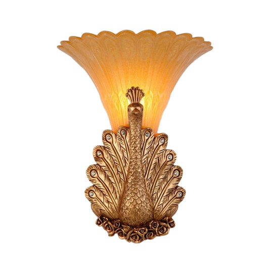 Rustic Style Peacock Wall Mount Lamp - 1 Light Red/Gold Resin With Orange Glass Scalloped Shade